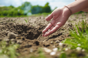 un main dans un champs qui seme des graines et des semences issues de la permaculture